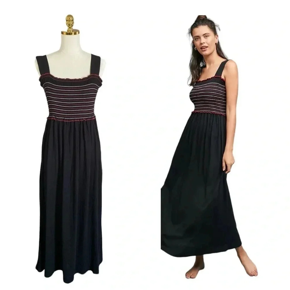 Anthro Saturday Sunday Black Sleeveless Smocked Stretch Cotton Maxi Dress Sz XS